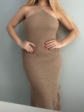 SHEIN Beige Halter Knit Maxi Dress with Fringe